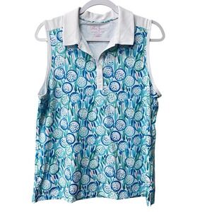Lillie Green Lilly Pulitzer L Golf Tee Flowers Sleeveless Button Collared Sports
